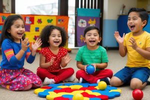 Children enjoying a colorful game in a joyful classroom setting.