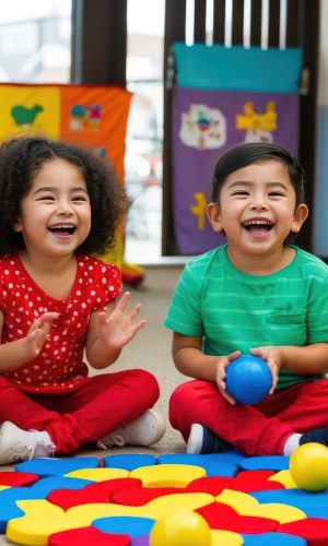 Children enjoying a colorful game in a joyful classroom setting.